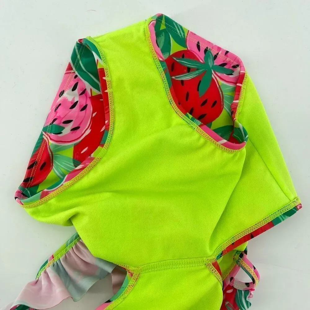 Cat & Jack Girls Pink Sweet Strawberry Print Ruffle Strap Cutout Swimsuit XS 4/5